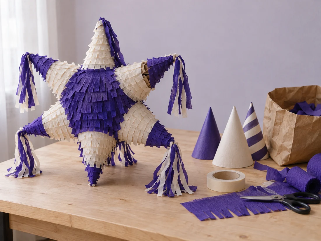 Piñata de cartón y papel terminada sobre la mesa de trabajo, con gorros y accesorios de fiesta al lado