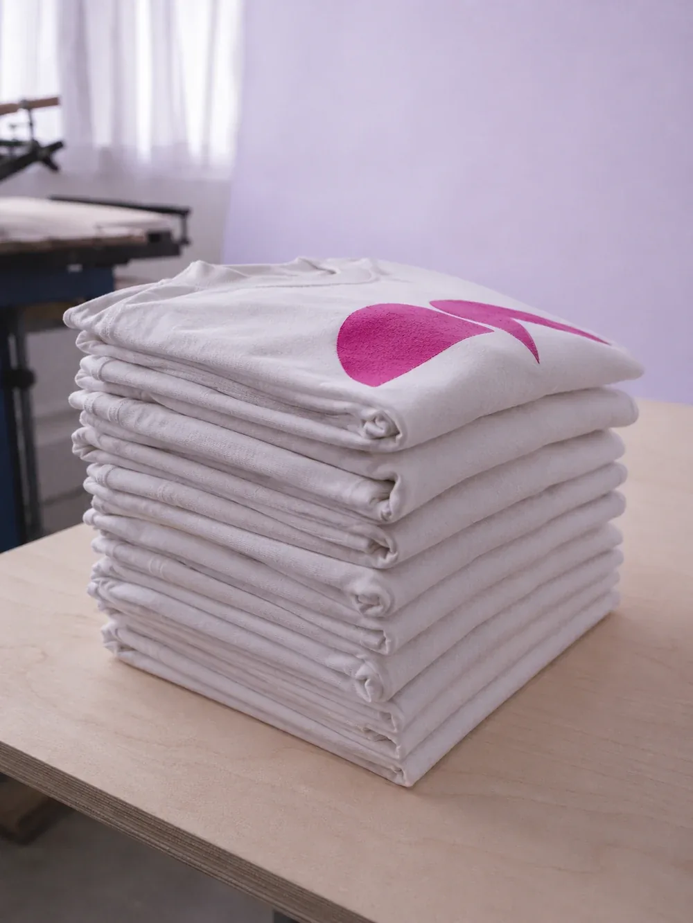 Pila de polos idénticos doblados, con el estampado a la vista en el de arriba