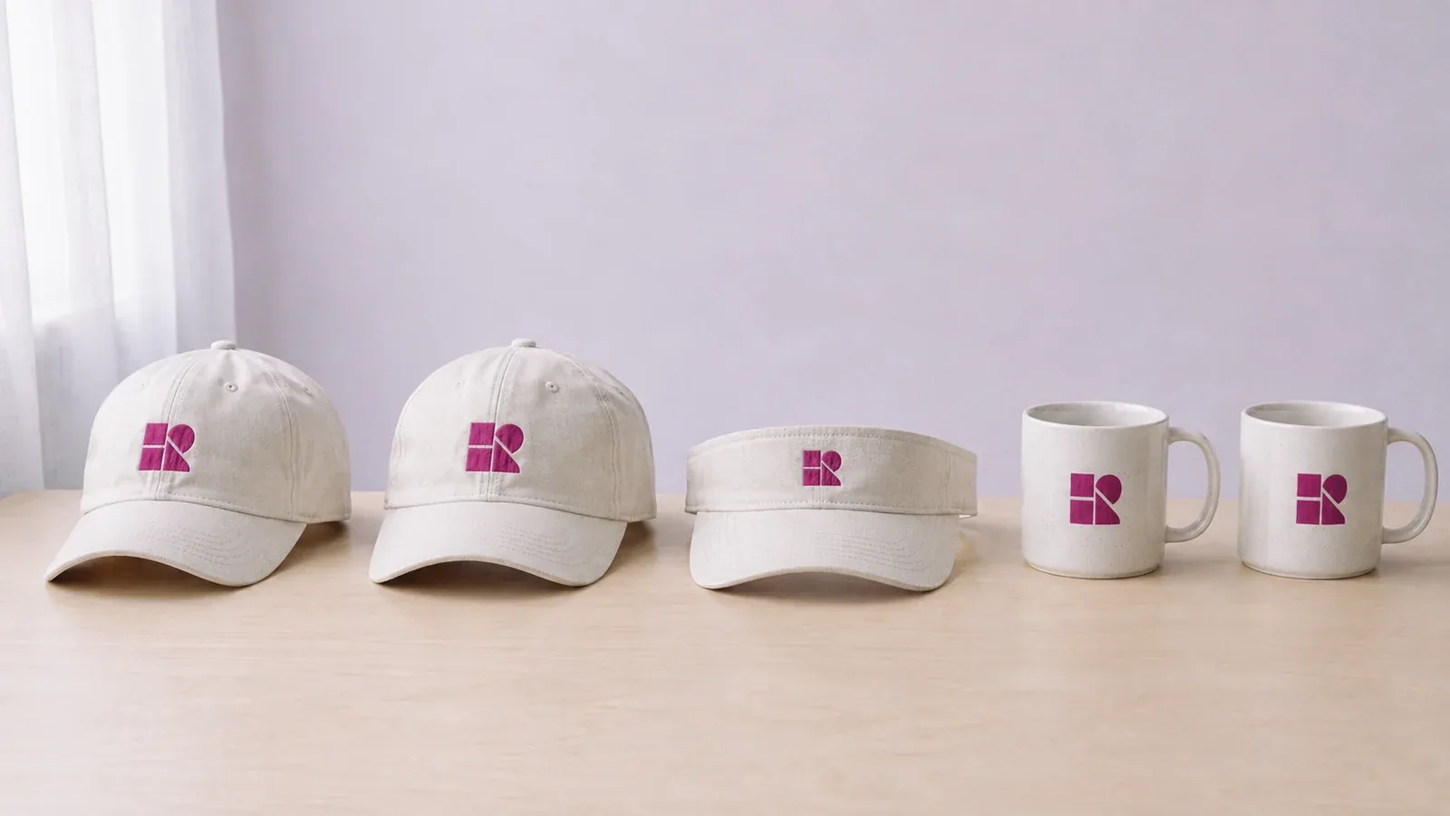 Gorros, una visera y dos tazas personalizadas con el mismo motivo geométrico